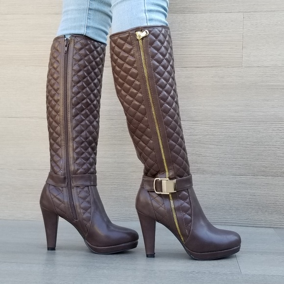 Knee High Heel Boots Brown Vegan Leather and fur - Picture 3 of 8